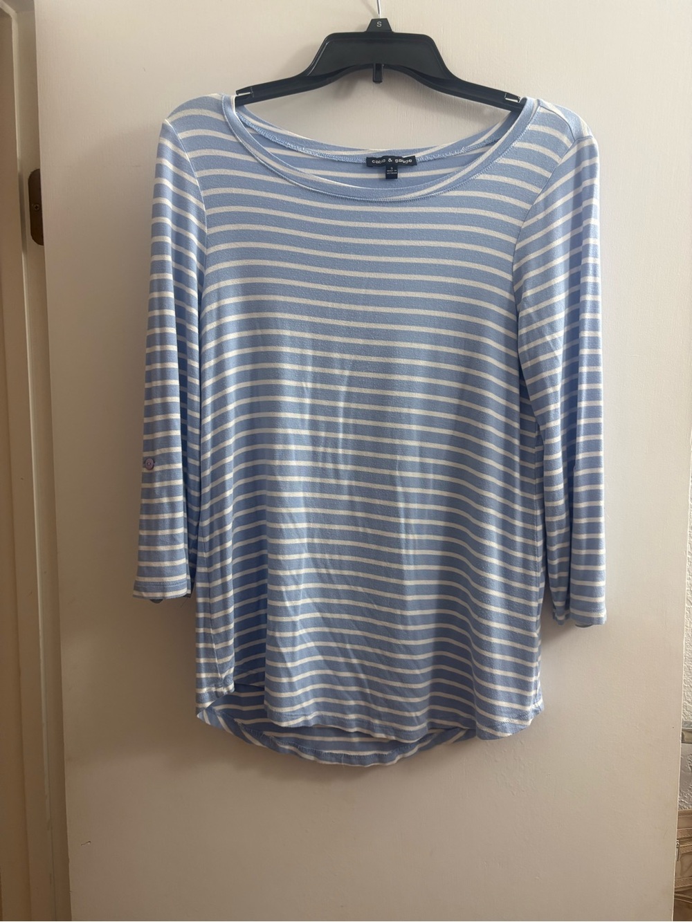 Splendid Light Blue & White Striped Scoop Neck Long Sleeve Top
